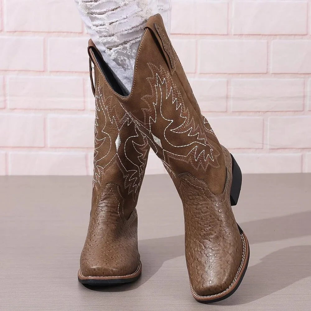 Women Brown Western Cowboy Boots for Mid Calf Cowgirl Boot Snip Toe Chunky Heel